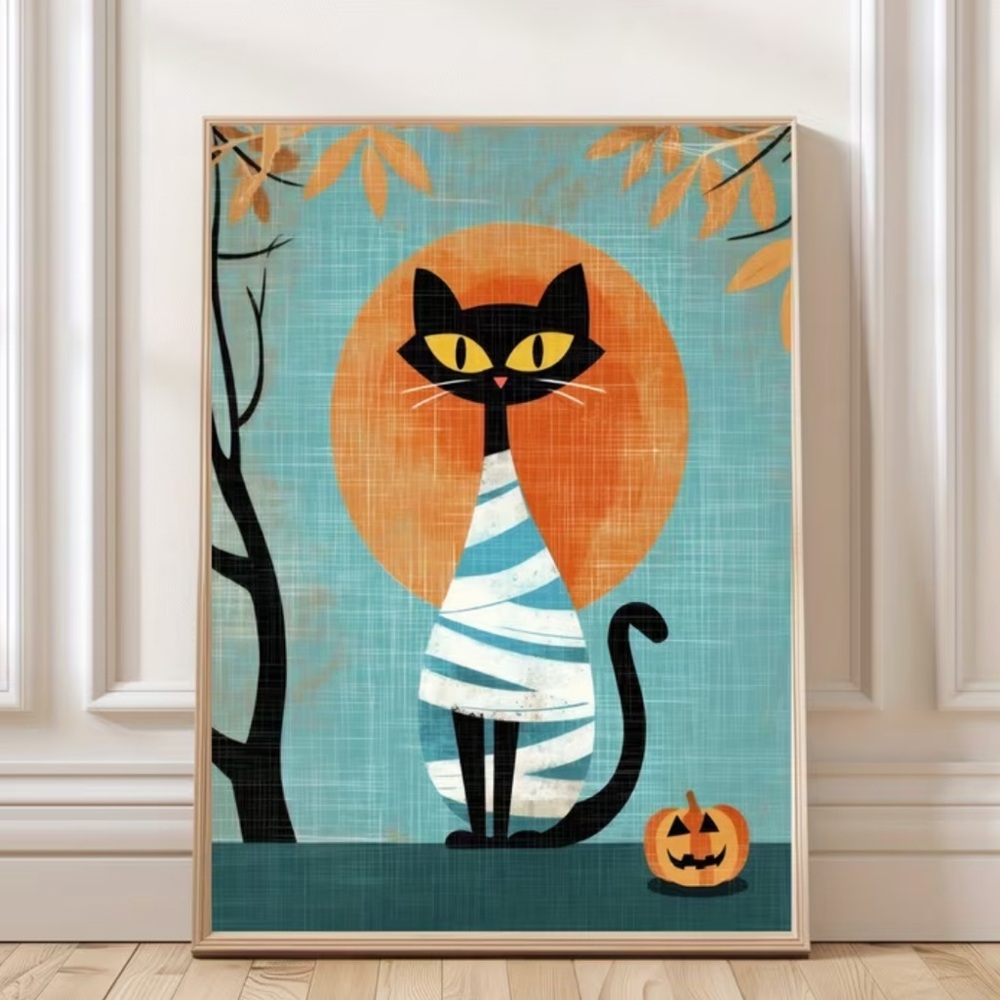 Black Cat Mummy Halloween Cat Art Print - Picture 5 of 6